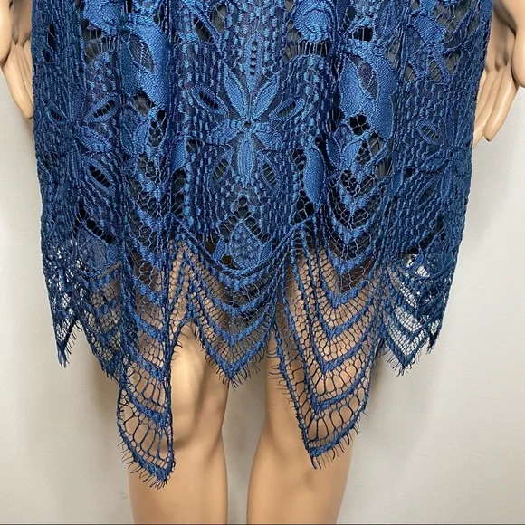 Express Blue & Black Lace High Neck Sleeveless Keyhole Knee Length Mini Dress - Picture 5 of 10